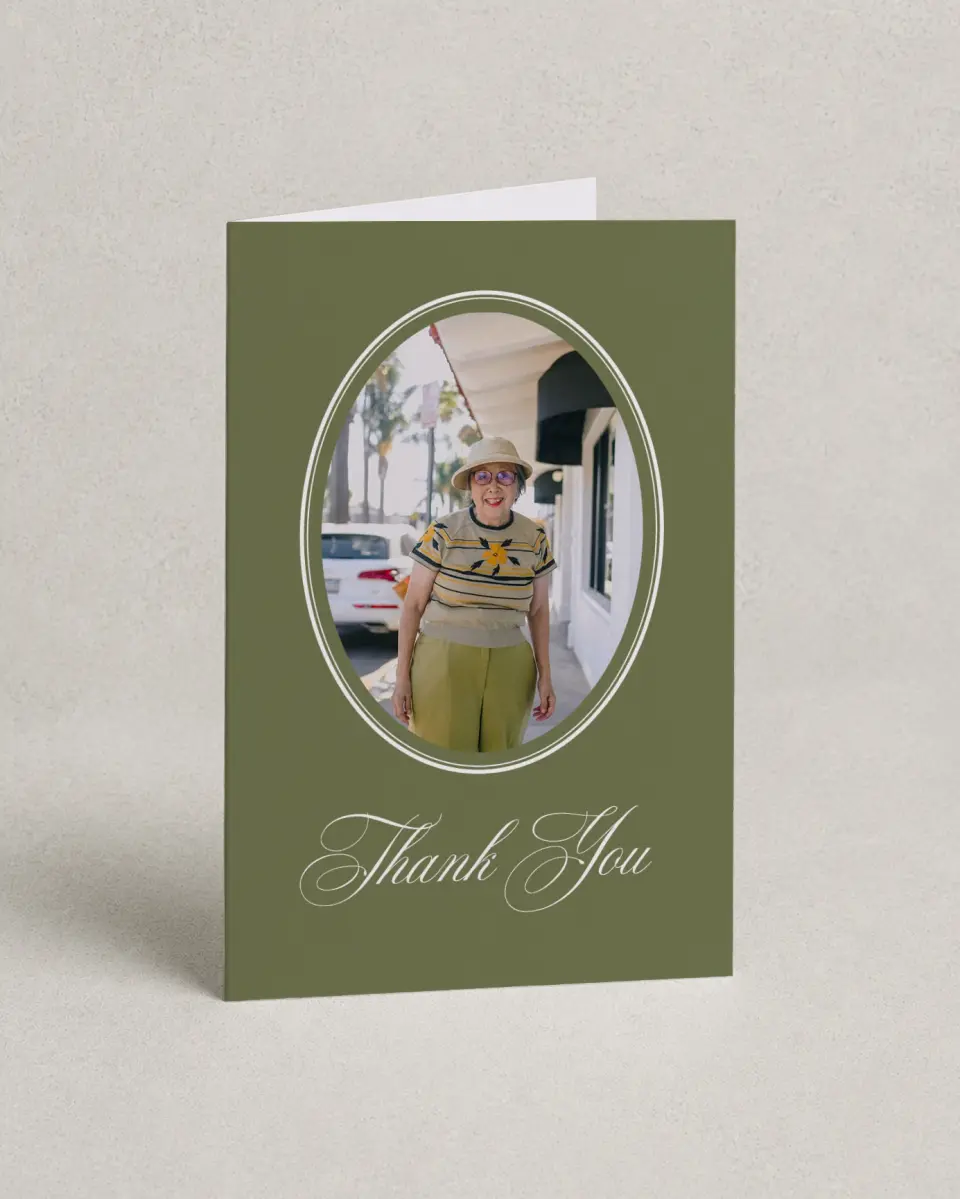 This is a 4" x 6" Folded Funeral Thank You Card called In Remembrance printed in full color on Premium Smooth paper