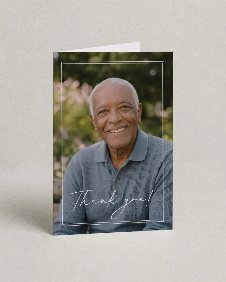 This is a 4" x 6" Folded Funeral Thank You Card called In Memory printed in full color on Premium Smooth paper
