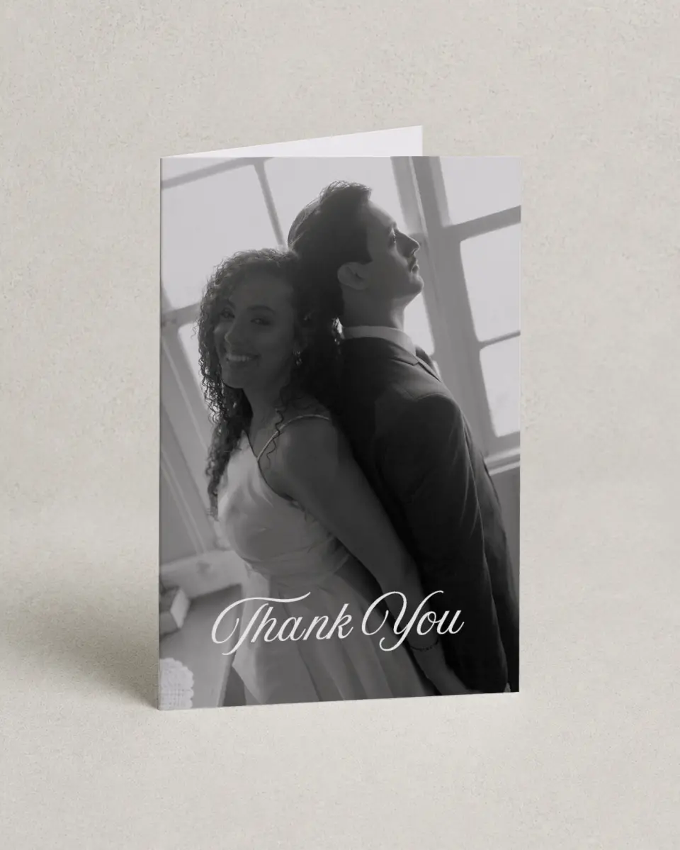 This is a 4" x 6" Folded Thank You Card called The Mallory printed in full color on Premium Smooth paper