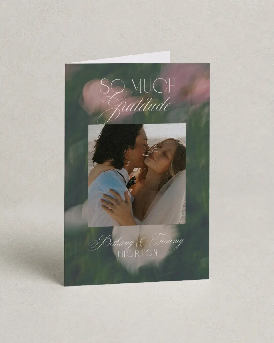 This is a 4" x 6" Folded Thank You Card called The Bethany printed in full color on Premium Smooth paper