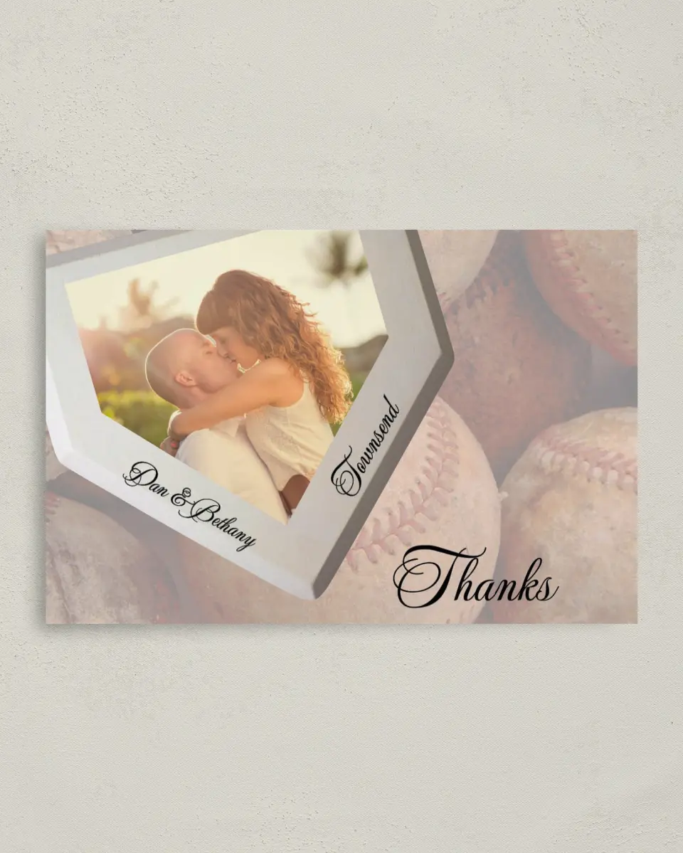 This is a 4" x 6" Folded Thank You Card called Baseball, We Fell In Love Over Home Plate printed in full color on Premium Smooth paper