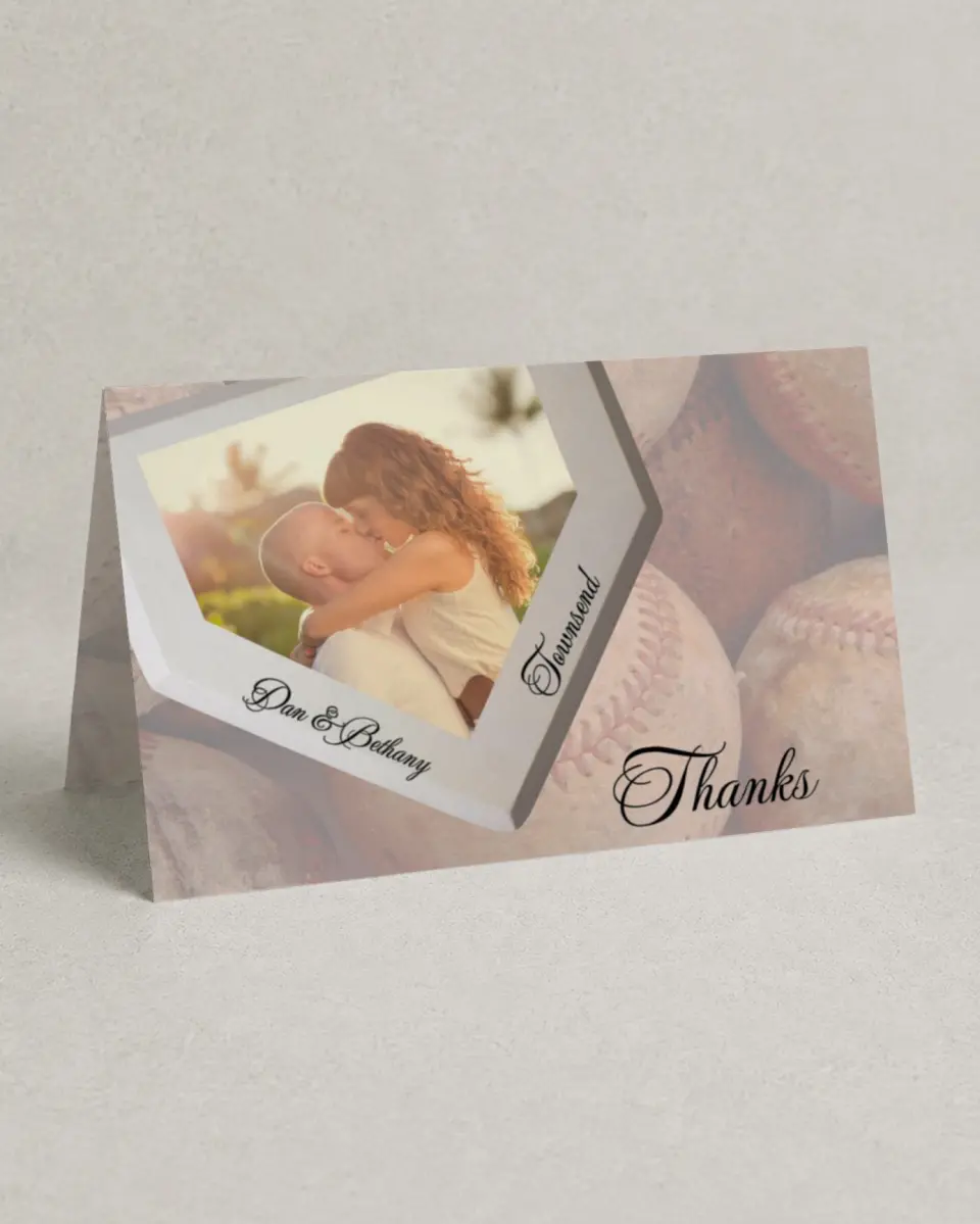 This is a 4" x 6" Folded Thank You Card called Baseball, We Fell In Love Over Home Plate printed in full color on Premium Smooth paper