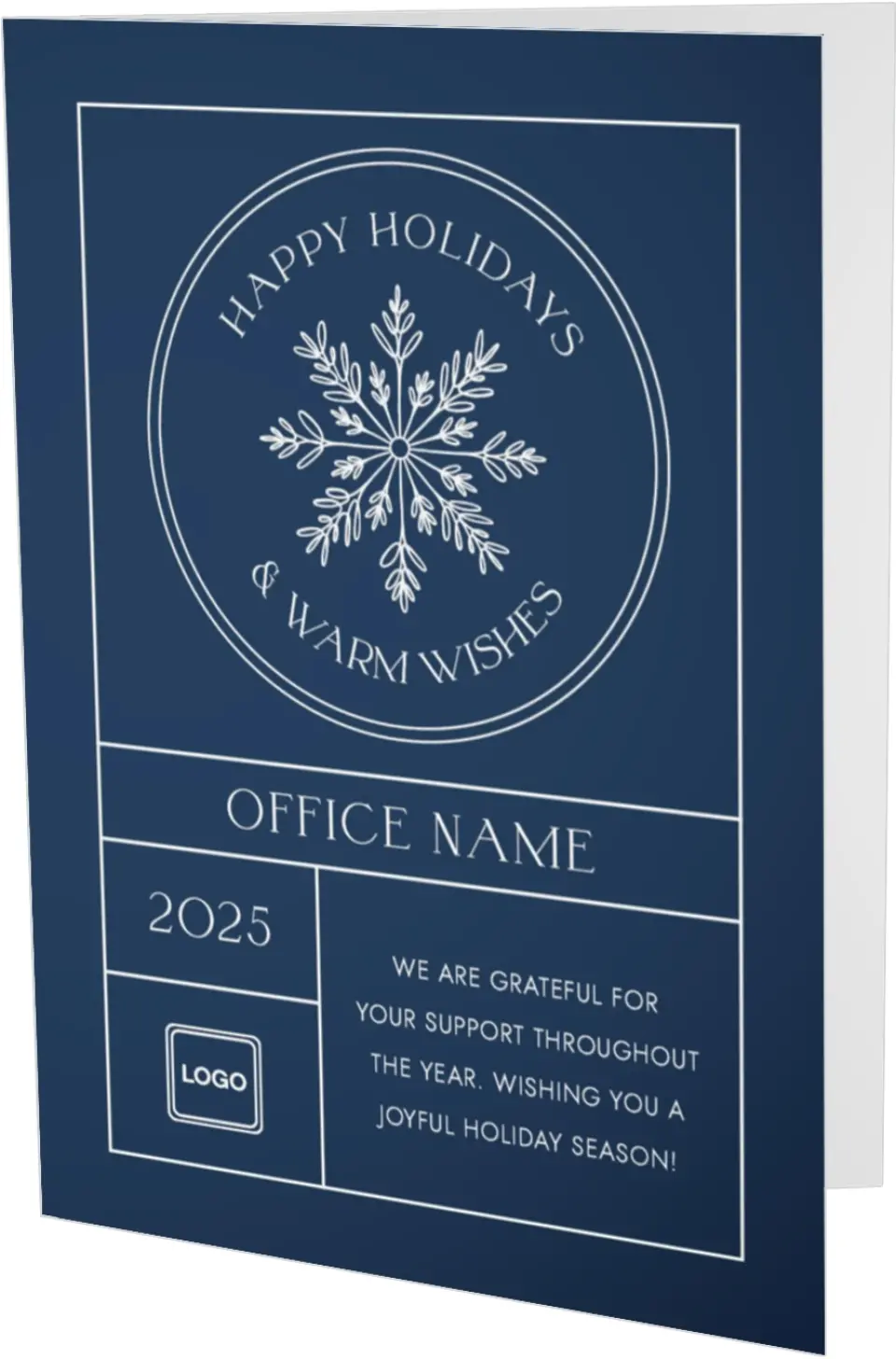 This is a 4.8" x 6.8" Folded Christmas Card called Snowflake Christmas printed in full color with Rose Gold foil