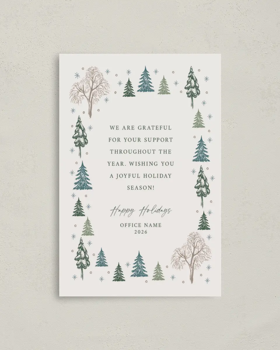This is a 4.8" x 6.8" Folded Christmas Card called Trees of Joy printed in full color