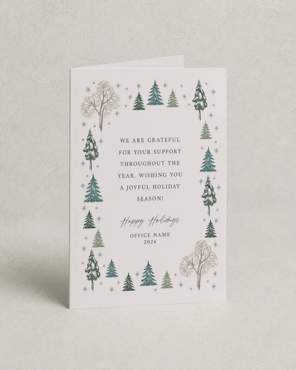 This is a 4.8" x 6.8" Folded Christmas Card called Trees of Joy printed in full color