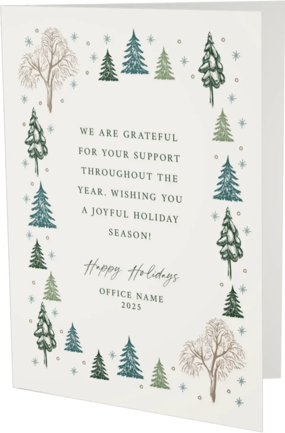 This is a 4.8" x 6.8" Folded Christmas Card called Trees of Joy printed in full color