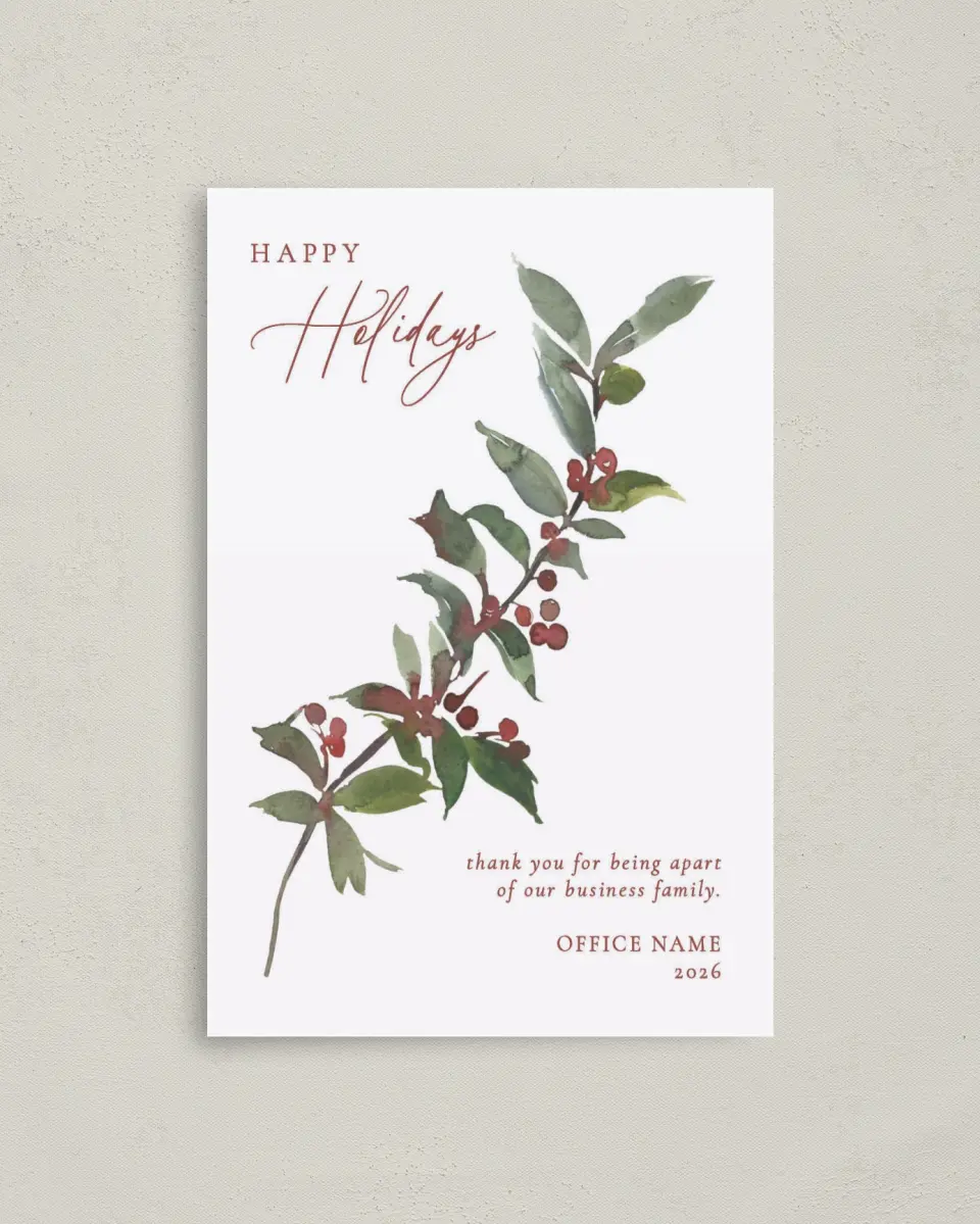 This is a 4.8" x 6.8" Folded Christmas Card called Holly Holidays printed in full color