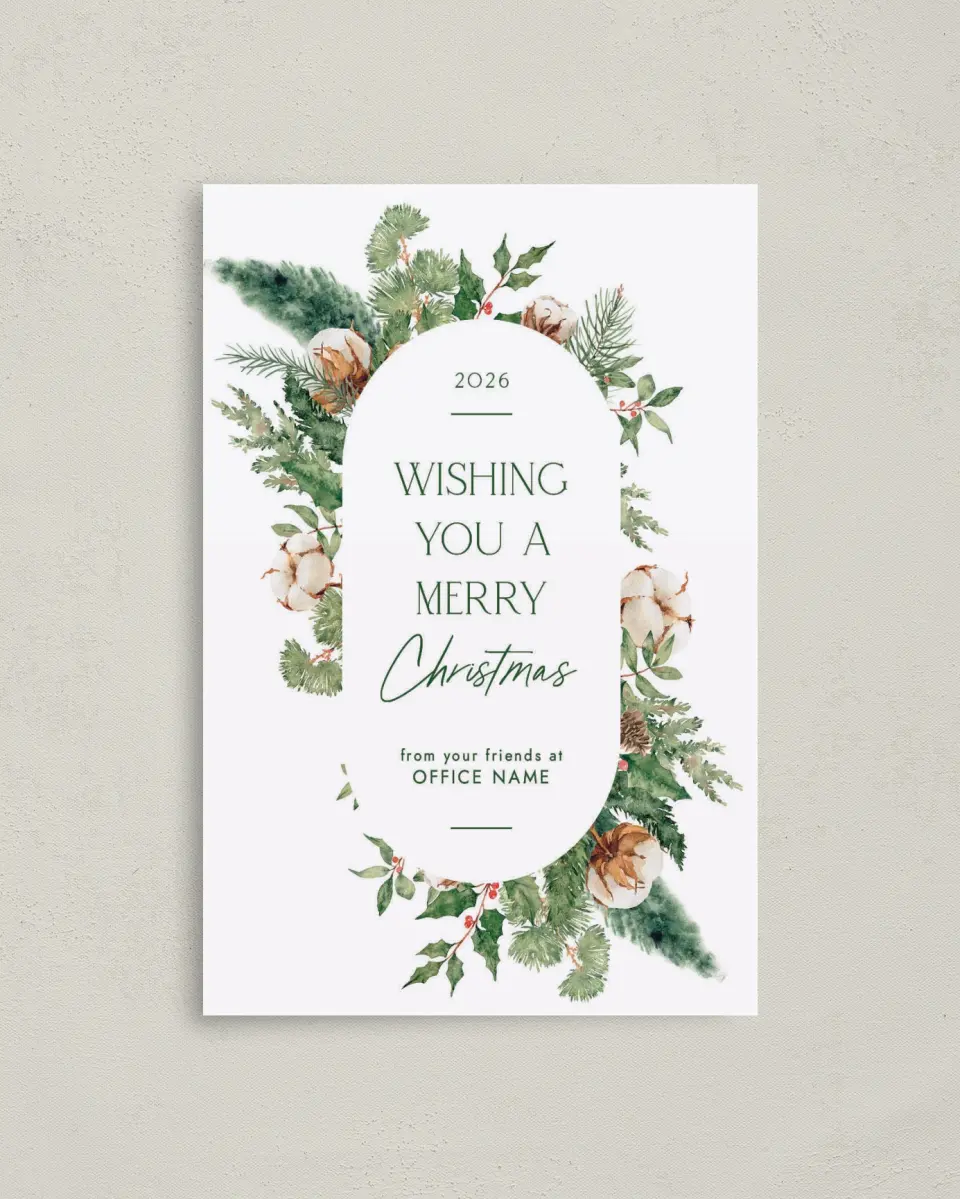 This is a 4.8" x 6.8" Folded Christmas Card called Wreath of Cheer printed in full color