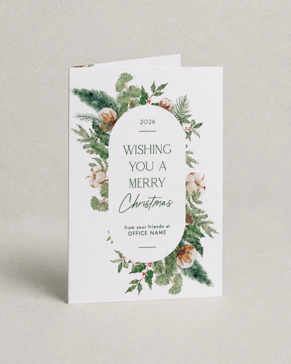 This is a 4.8" x 6.8" Folded Christmas Card called Wreath of Cheer printed in full color