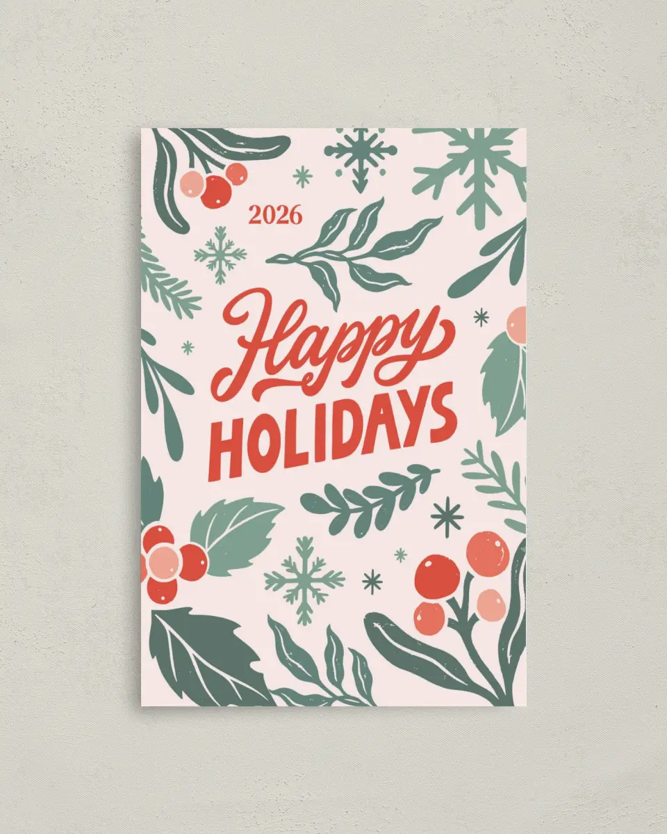 This is a 4.8" x 6.8" Folded Christmas Card called Retro Holiday printed in full color with Silver foil