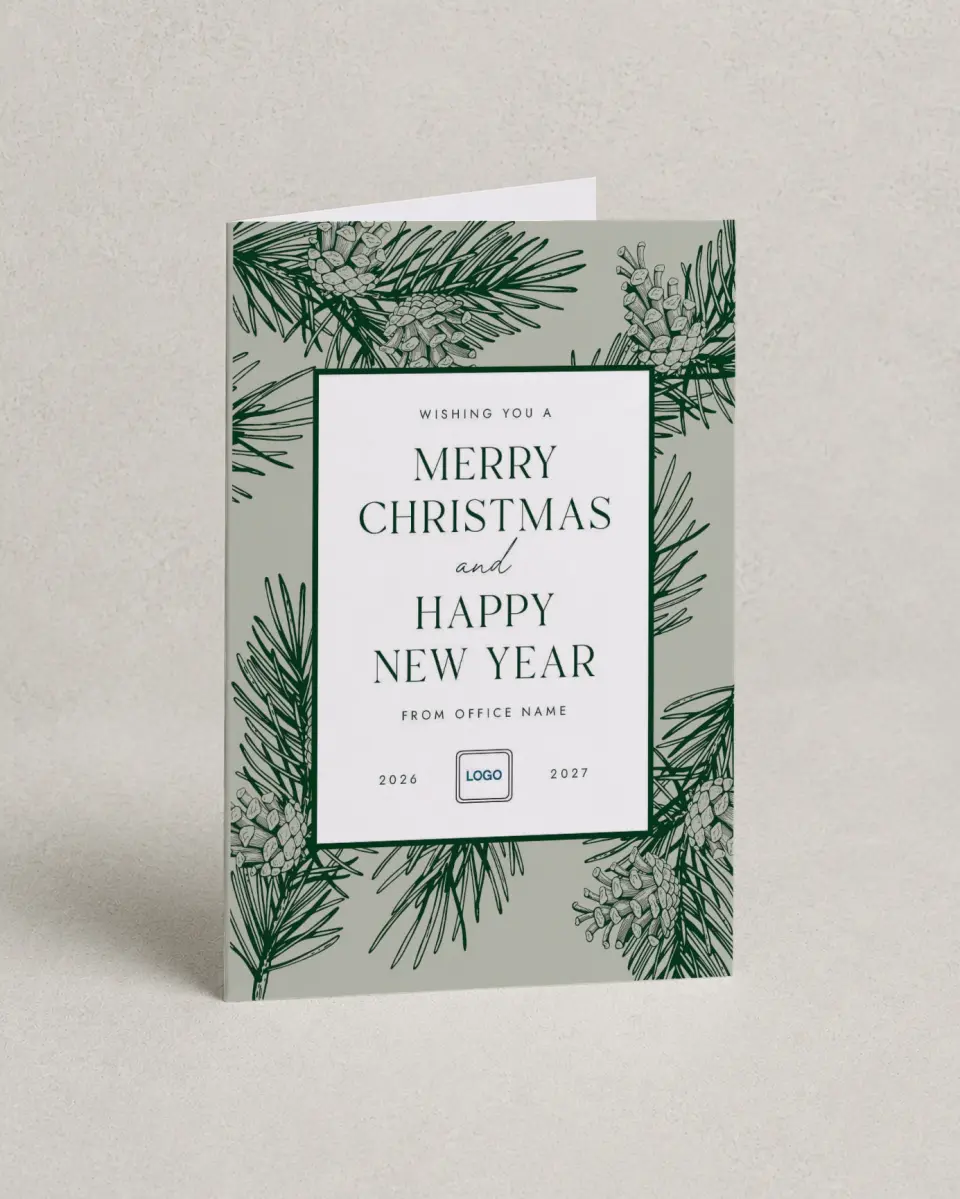 This is a 4.8" x 6.8" Folded Christmas Card called Festive Pine printed in full color