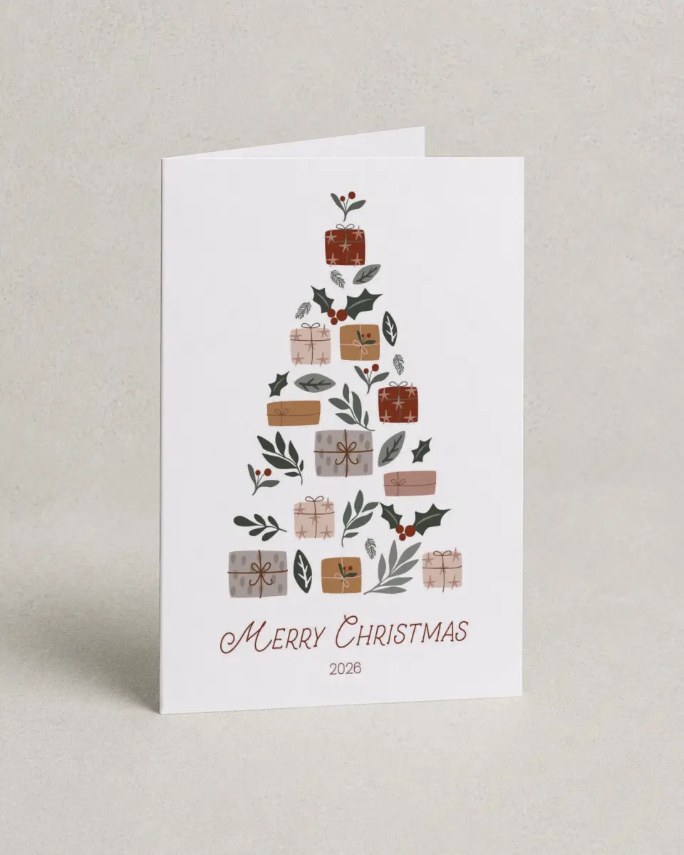 This is a 4.8" x 6.8" Folded Christmas Card called Gifted Greetings printed in full color