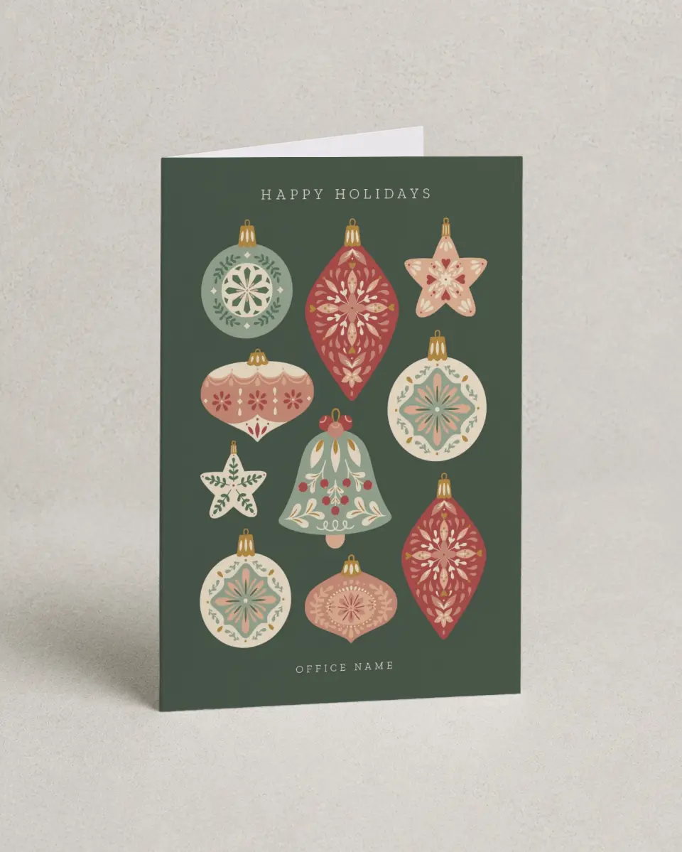 This is a 4.8" x 6.8" Folded Christmas Card called Ornate Ornaments printed in full color