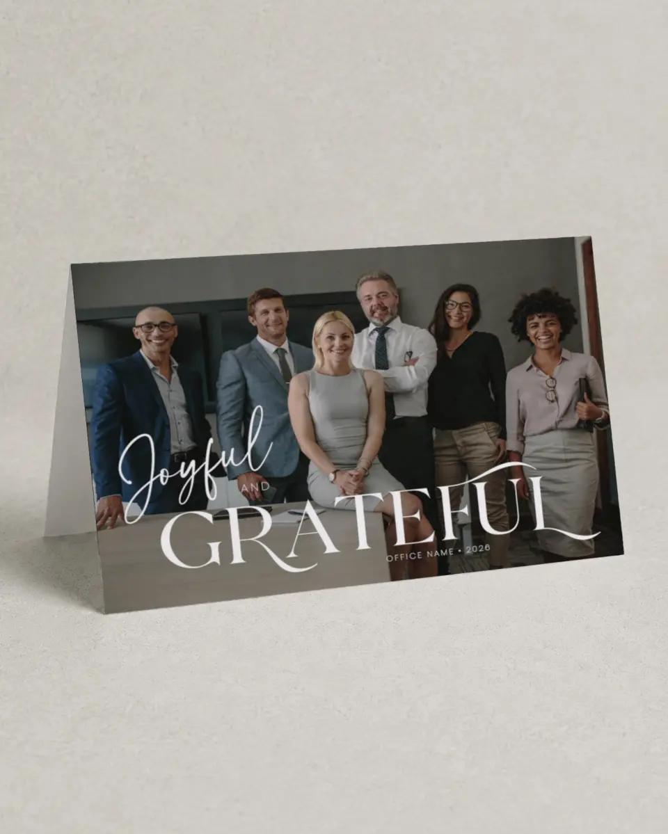 This is a 4.8" x 6.8" Folded Christmas Card called Joyful & Grateful printed in full color