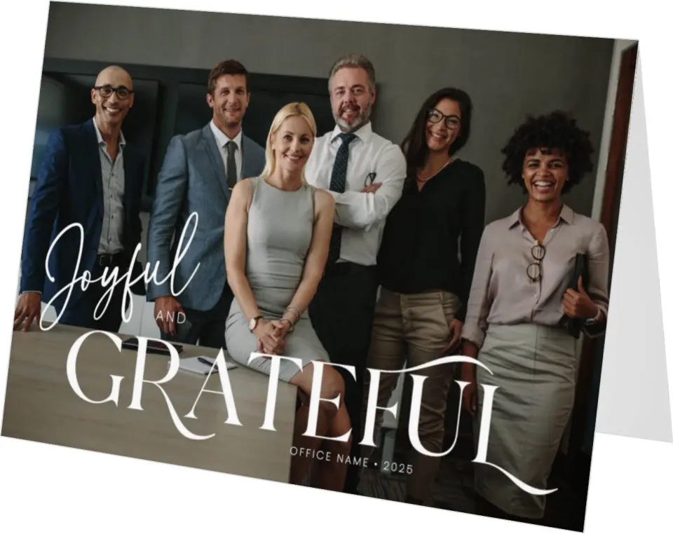 This is a 4.8" x 6.8" Folded Christmas Card called Joyful & Grateful printed in full color