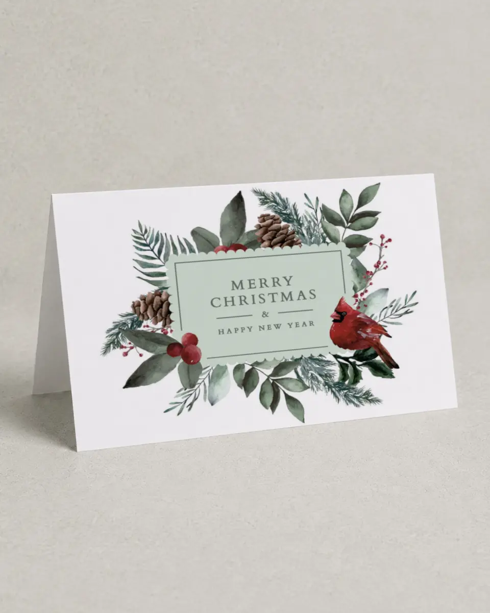 This is a 4.8" x 6.8" Folded Christmas Card called Christmas Cardinal printed in full color