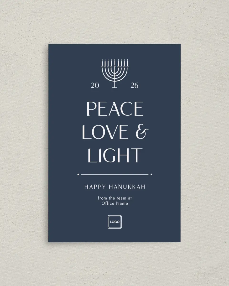 This is a 4.8" x 6.8" Folded Christmas Card called Peace, Love & Light printed in full color with Silver foil