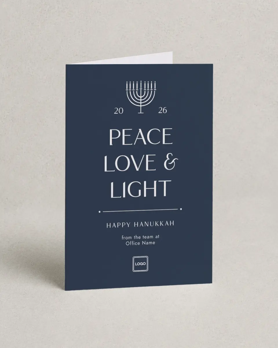 This is a 4.8" x 6.8" Folded Christmas Card called Peace, Love & Light printed in full color with Rose Gold foil