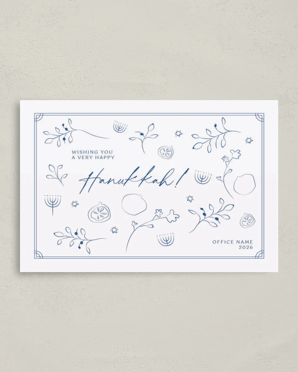 This is a 4.8" x 6.8" Folded Christmas Card called Happy Hanukkah printed in full color with Gold foil