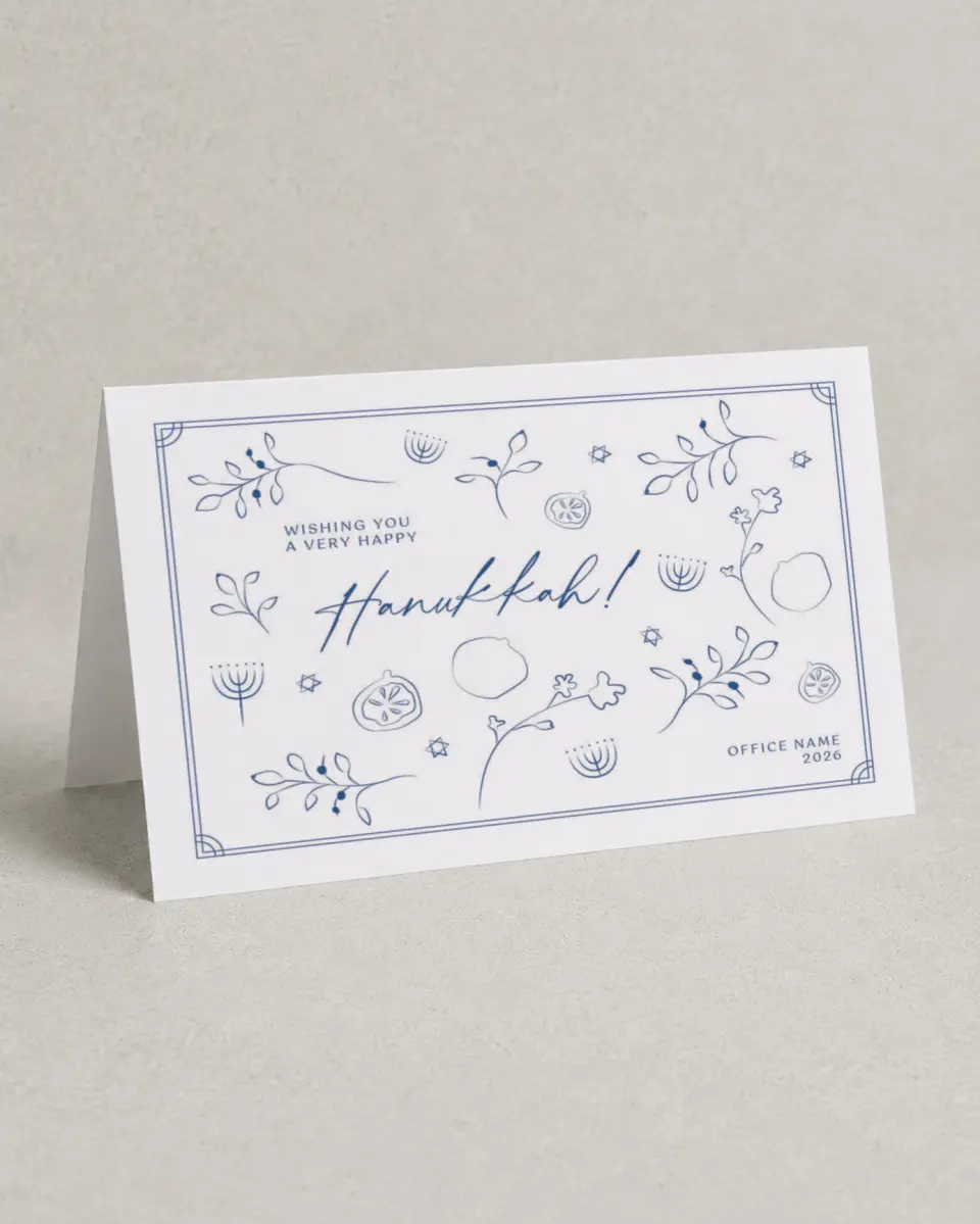 This is a 4.8" x 6.8" Folded Christmas Card called Happy Hanukkah printed in full color with Rose Gold foil