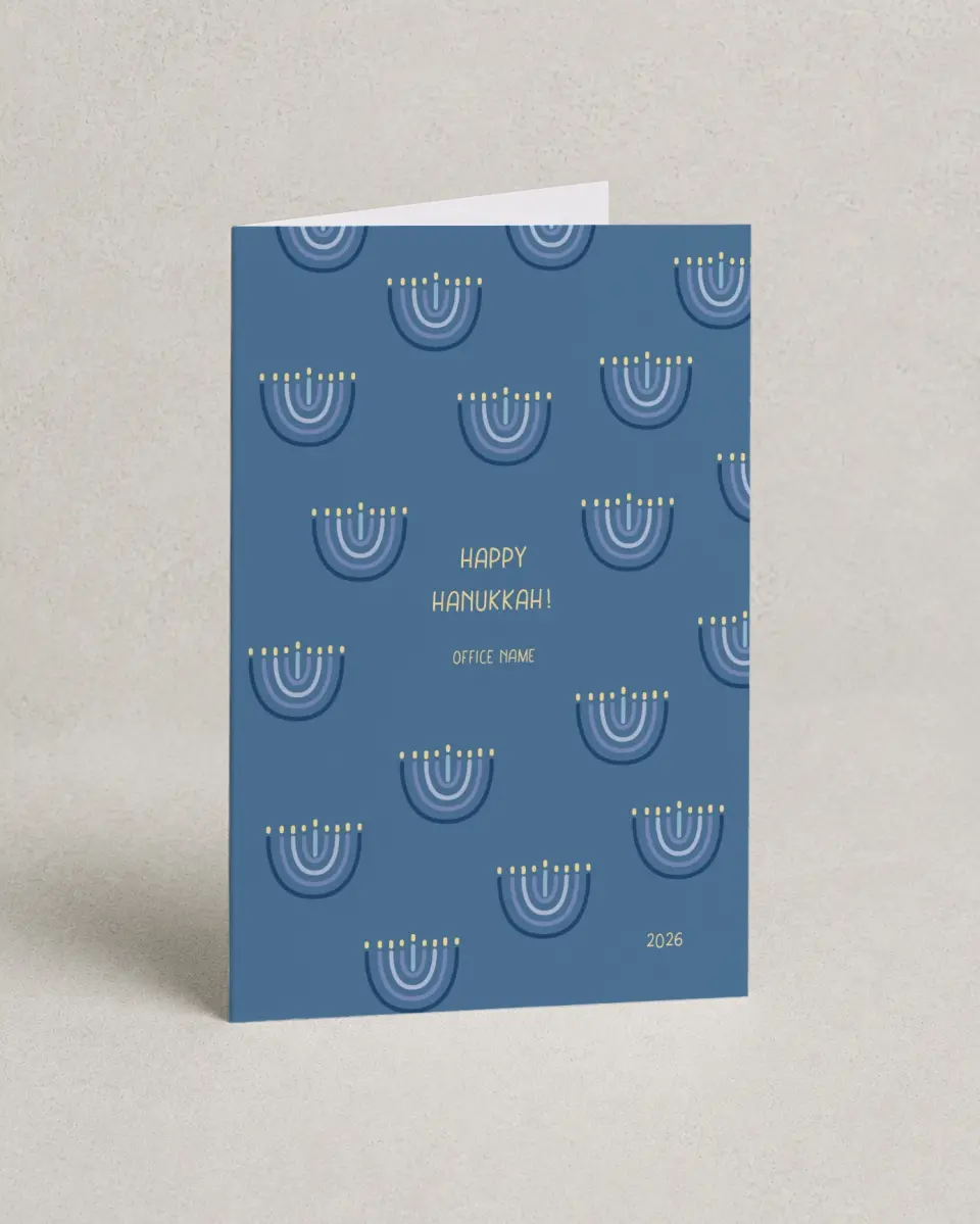 This is a 4.8" x 6.8" Folded Christmas Card called Hanukkah Serenity printed in full color with Rose Gold foil