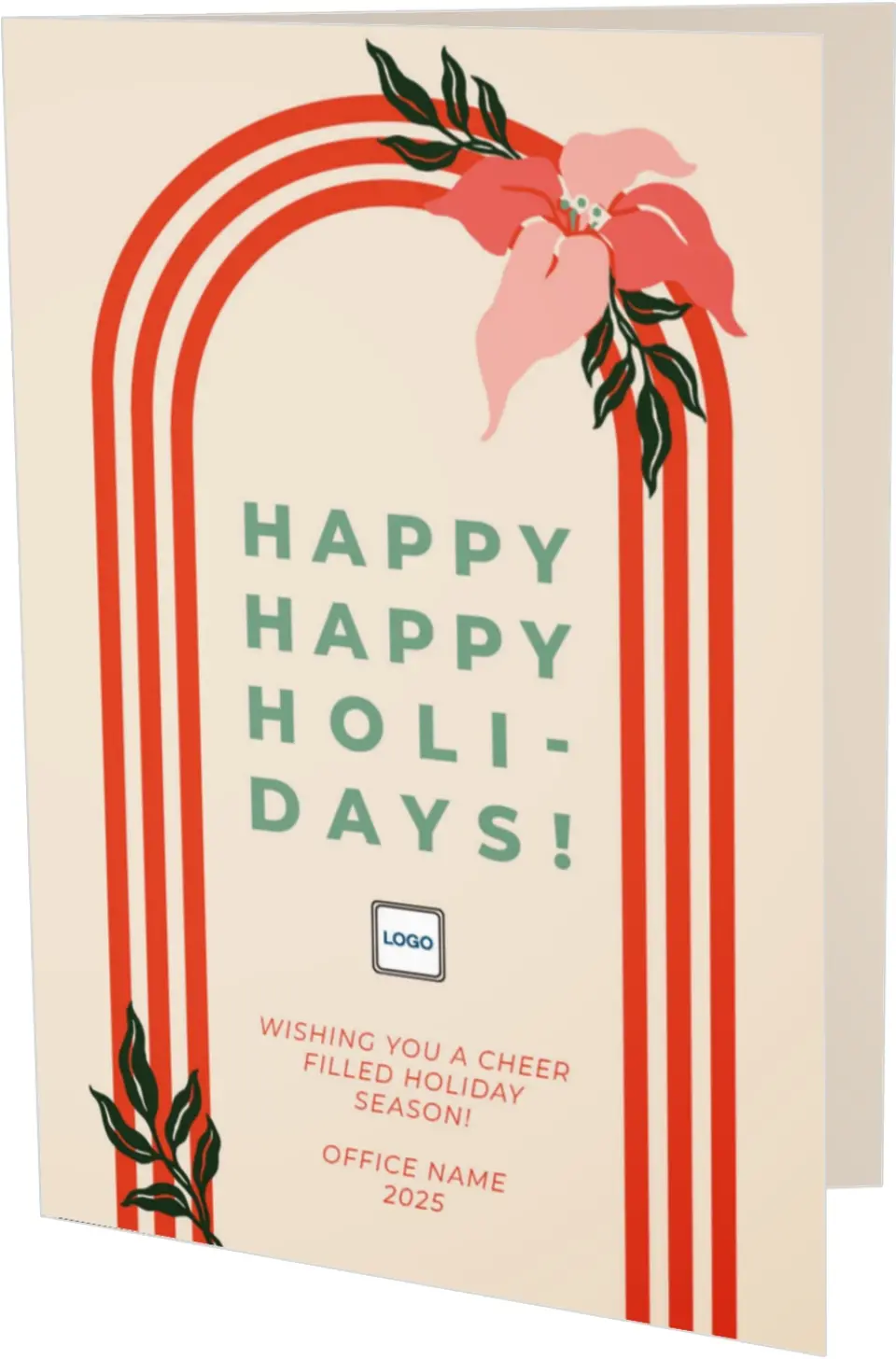 This is a 4.8" x 6.8" Folded Christmas Card called Holiday Happiness printed in full color with Gold foil