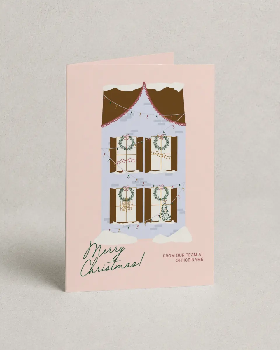 This is a 4.8" x 6.8" Folded Christmas Card called Holiday Home printed in full color with Silver foil