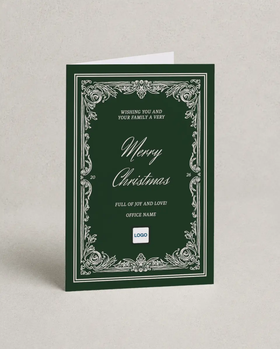 This is a 4.8" x 6.8" Folded Christmas Card called Very Merry printed in full color with Gold foil