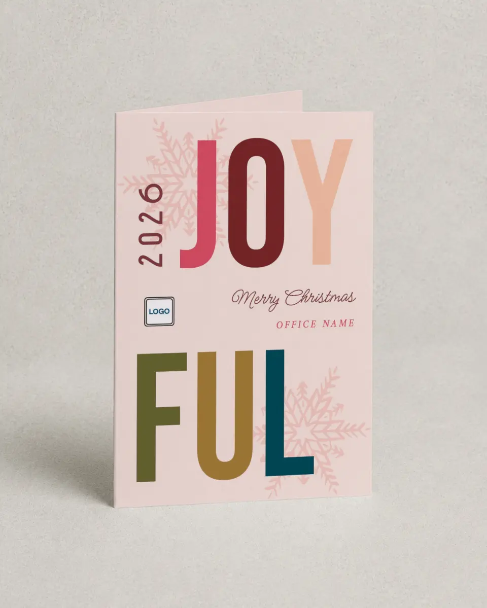 This is a 4.8" x 6.8" Folded Christmas Card called Joful Exchange printed in full color with Rose Gold foil