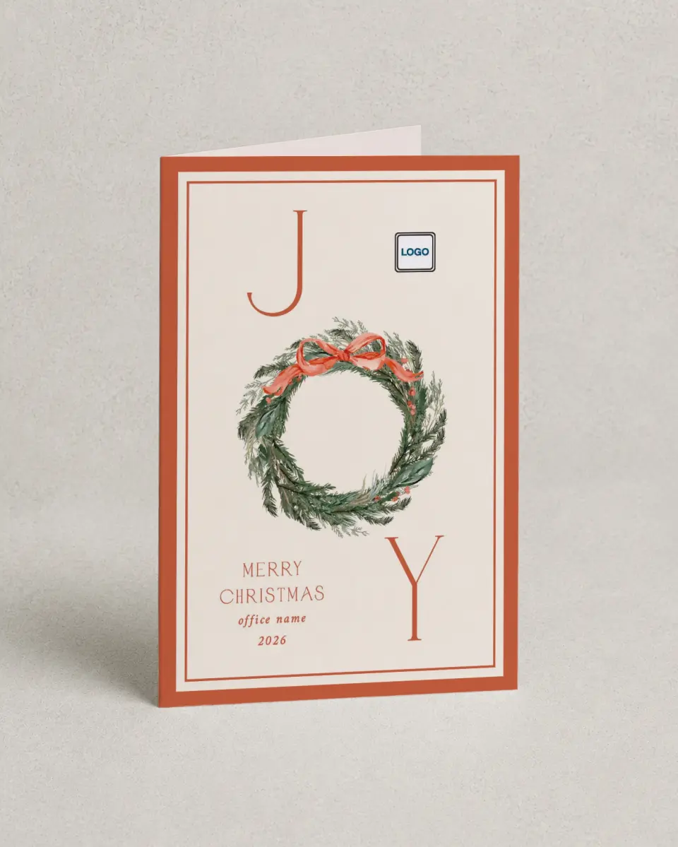 This is a 4.8" x 6.8" Folded Christmas Card called Merry Wreath printed in full color with Gold foil