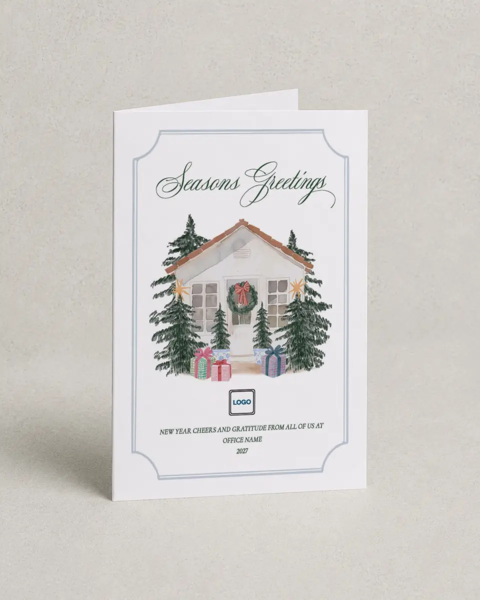 This is a 4.8" x 6.8" Folded Christmas Card called Seasons Greetings printed in full color with Rose Gold foil