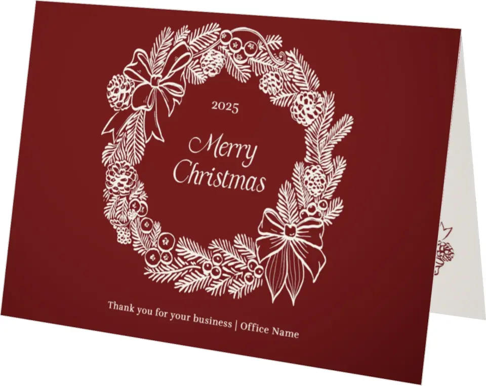 This is a 4.8" x 6.8" Folded Christmas Card called Wreath Tidings printed in full color