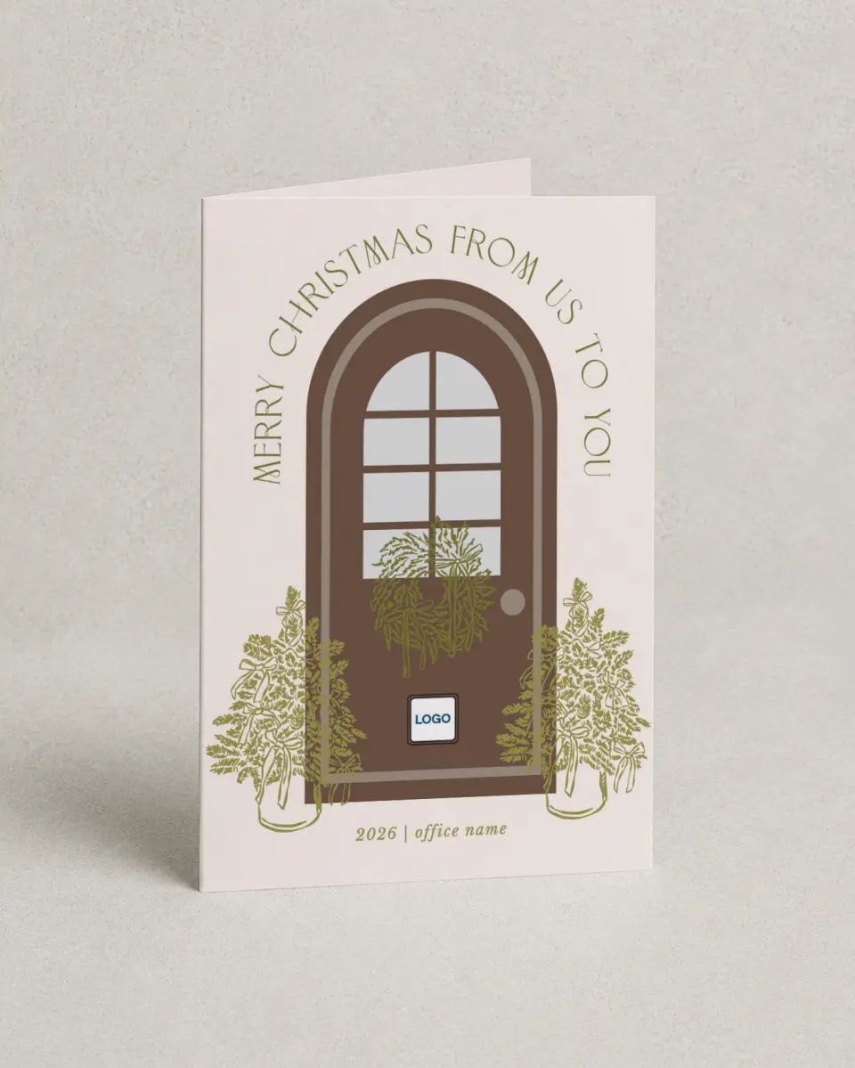 This is a 4.8" x 6.8" Folded Christmas Card called Festive Porch printed in full color with Gold foil