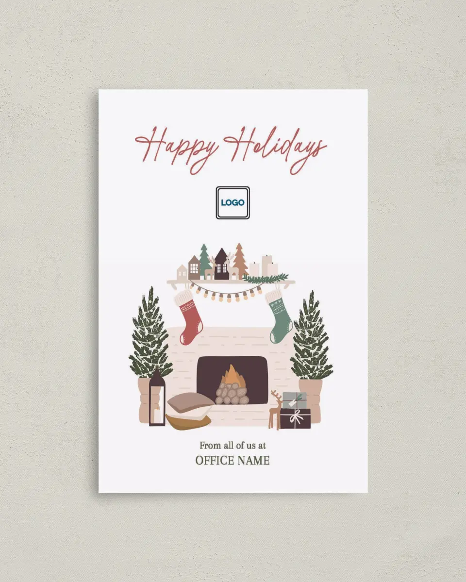 This is a 4.8" x 6.8" Folded Christmas Card called Merry Mantlepiece printed in full color