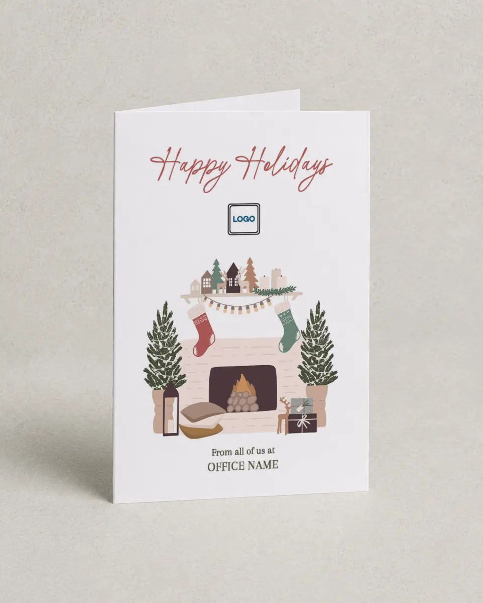 This is a 4.8" x 6.8" Folded Christmas Card called Merry Mantlepiece printed in full color with Silver foil