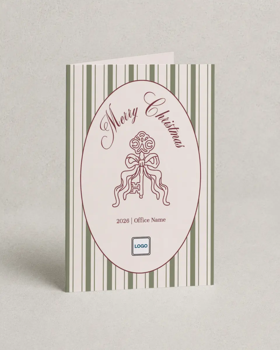 This is a 4.8" x 6.8" Folded Christmas Card called Key to Christmas printed in full color with Silver foil