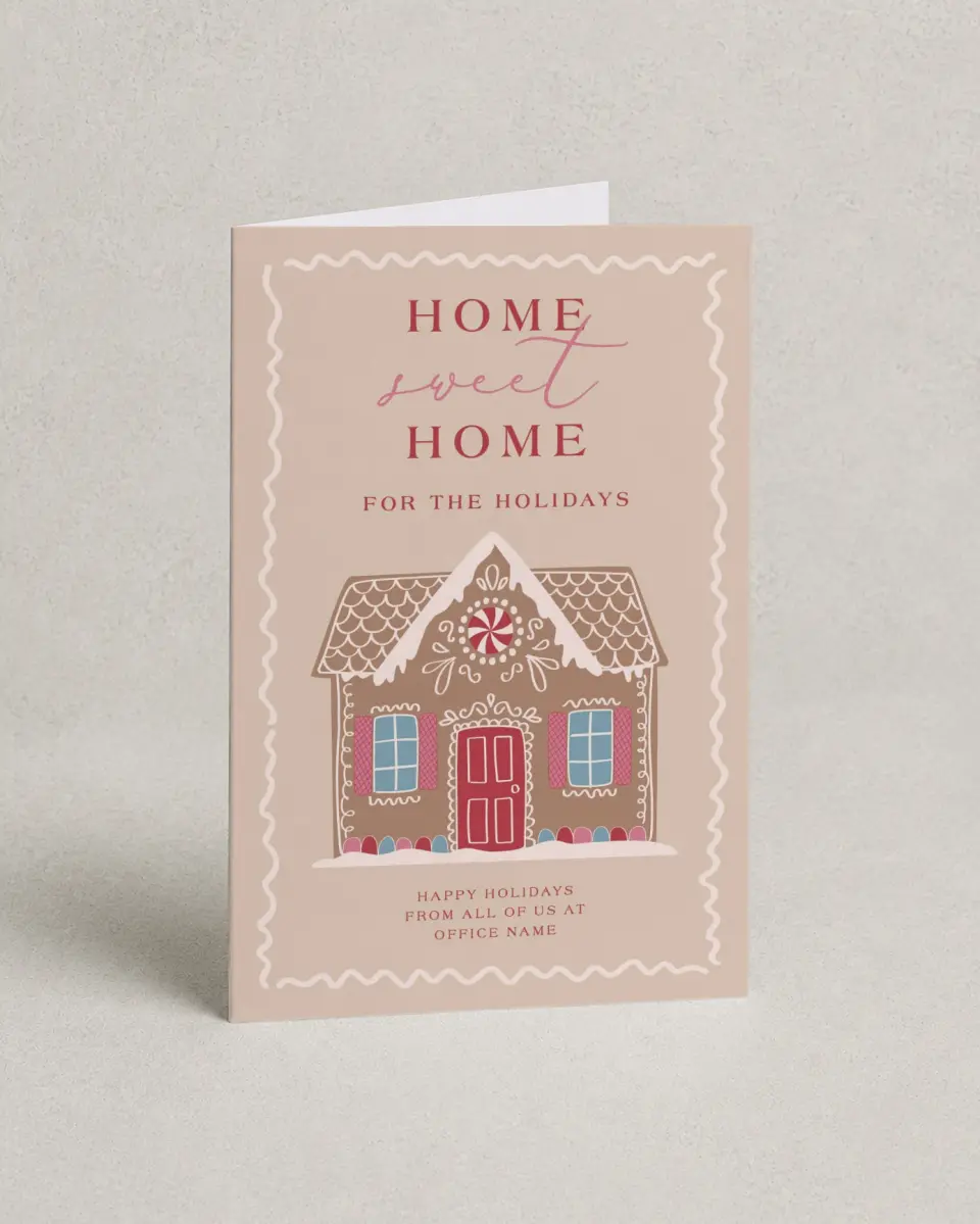 This is a 4.8" x 6.8" Folded Christmas Card called Home Sweet Gingerhome printed in full color with Silver foil