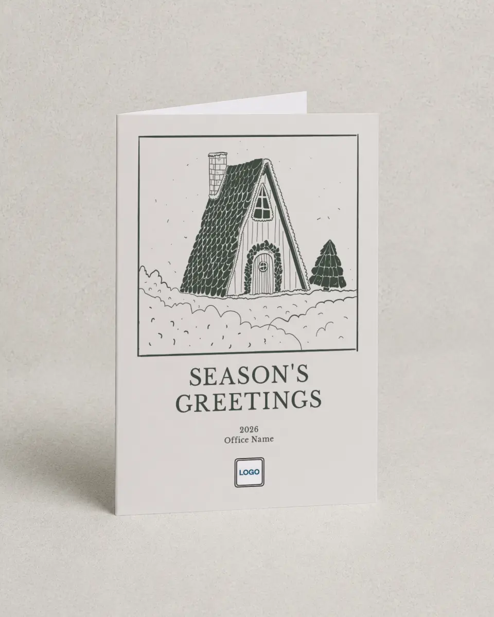 This is a 4.8" x 6.8" Folded Christmas Card called Cozy Snowy Cabin printed in full color with Rose Gold foil