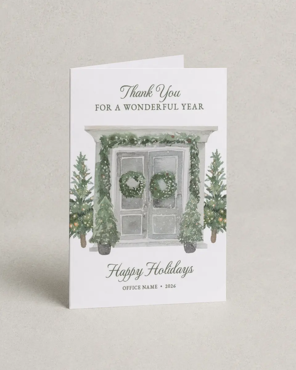 This is a 4.8" x 6.8" Folded Christmas Card called Snowy Home printed in full color with Gold foil