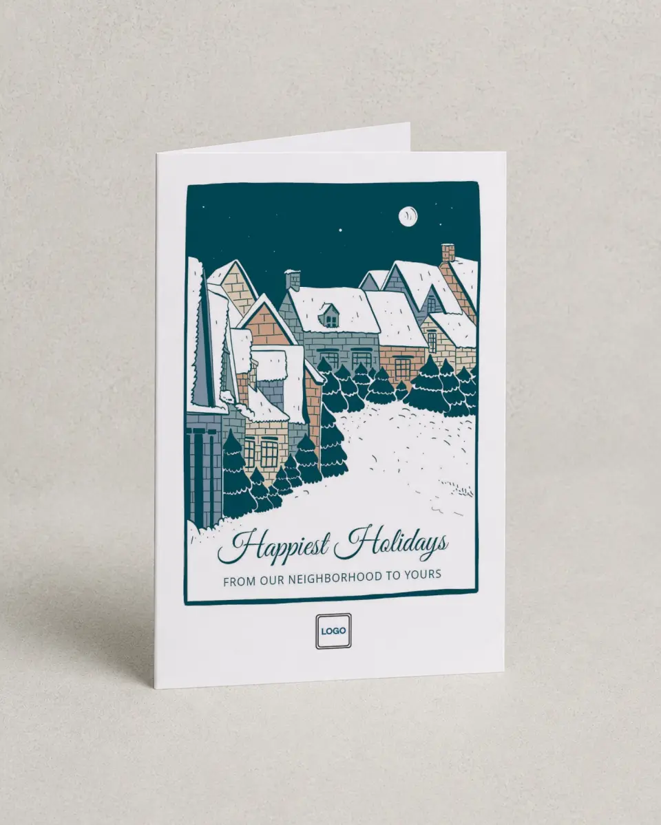 This is a 4.8" x 6.8" Folded Christmas Card called Snow-Covered Neighborhood printed in full color with Silver foil