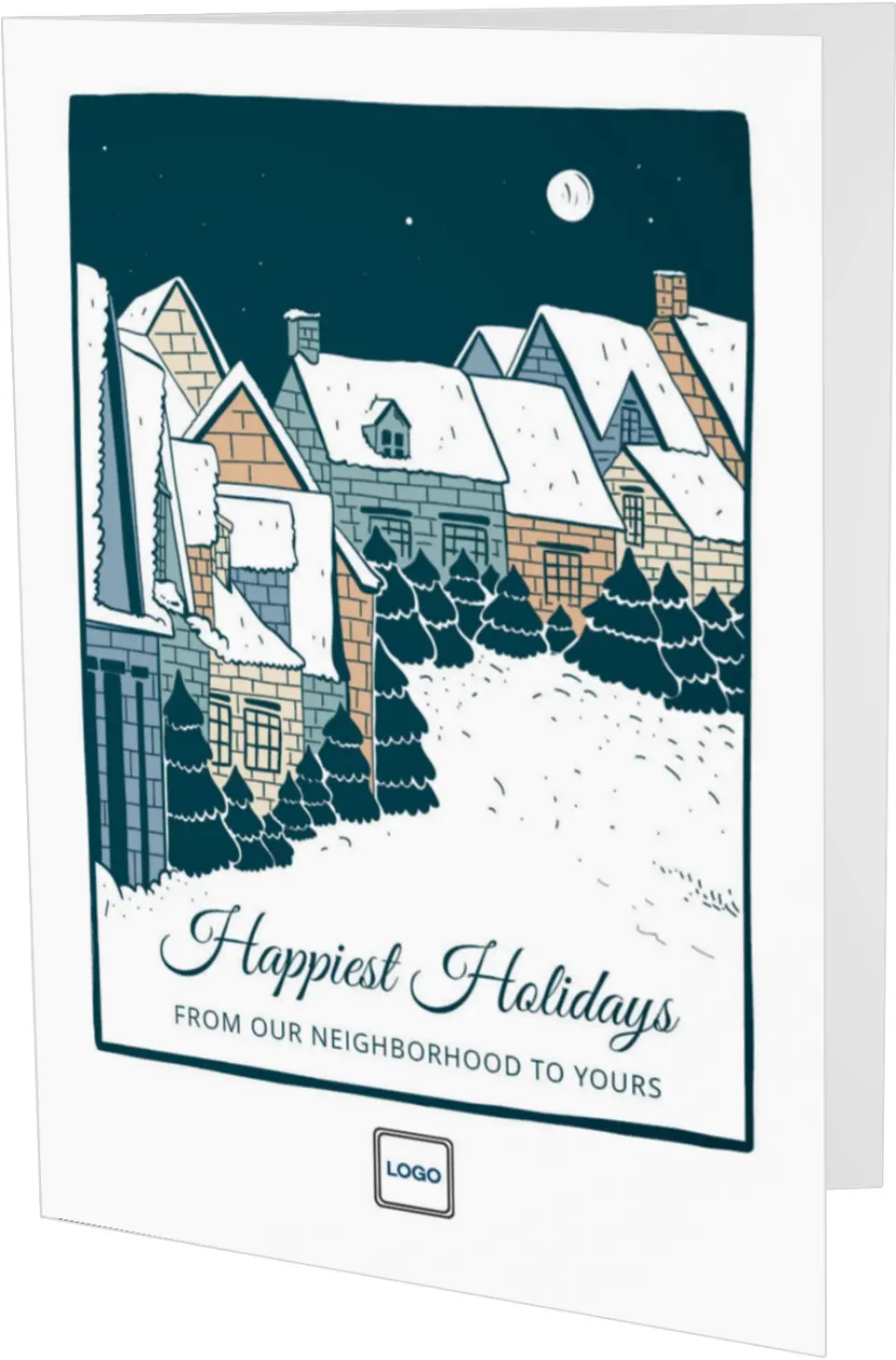 This is a 4.8" x 6.8" Folded Christmas Card called Snow-Covered Neighborhood printed in full color