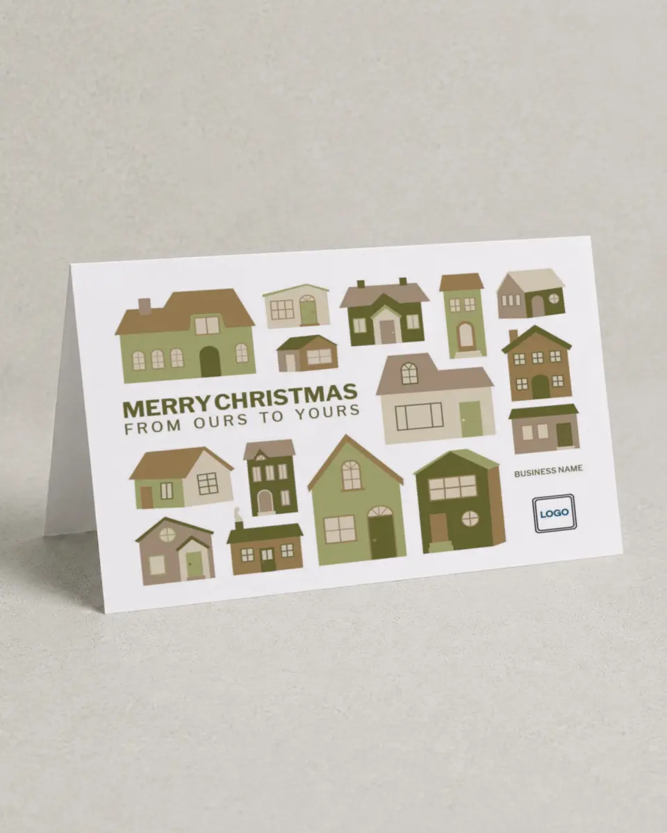 This is a 4.8" x 6.8" Folded Christmas Card called Our Home To Yours printed in full color with Silver foil