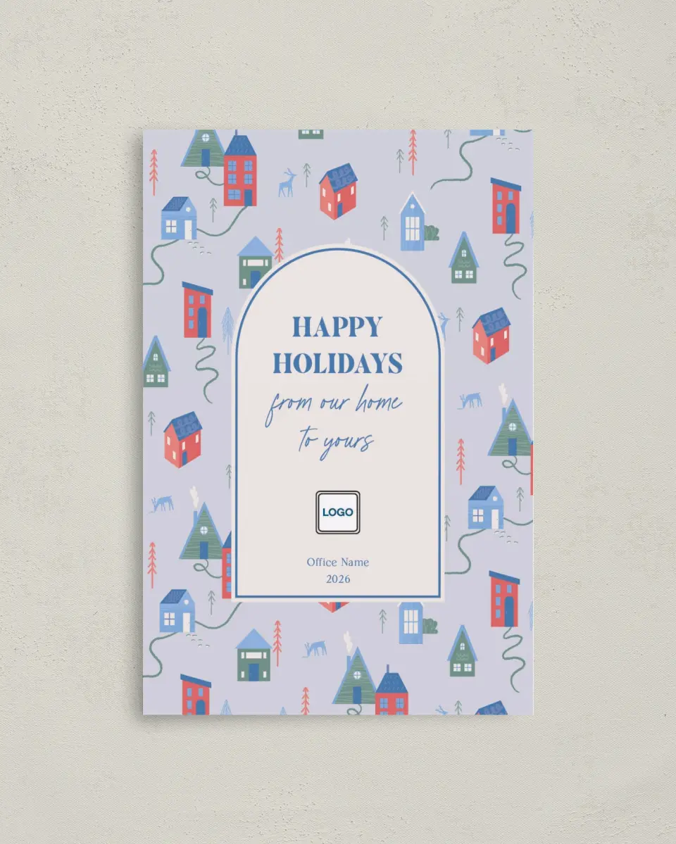 This is a 4.8" x 6.8" Folded Christmas Card called Cheerful Homes printed in full color
