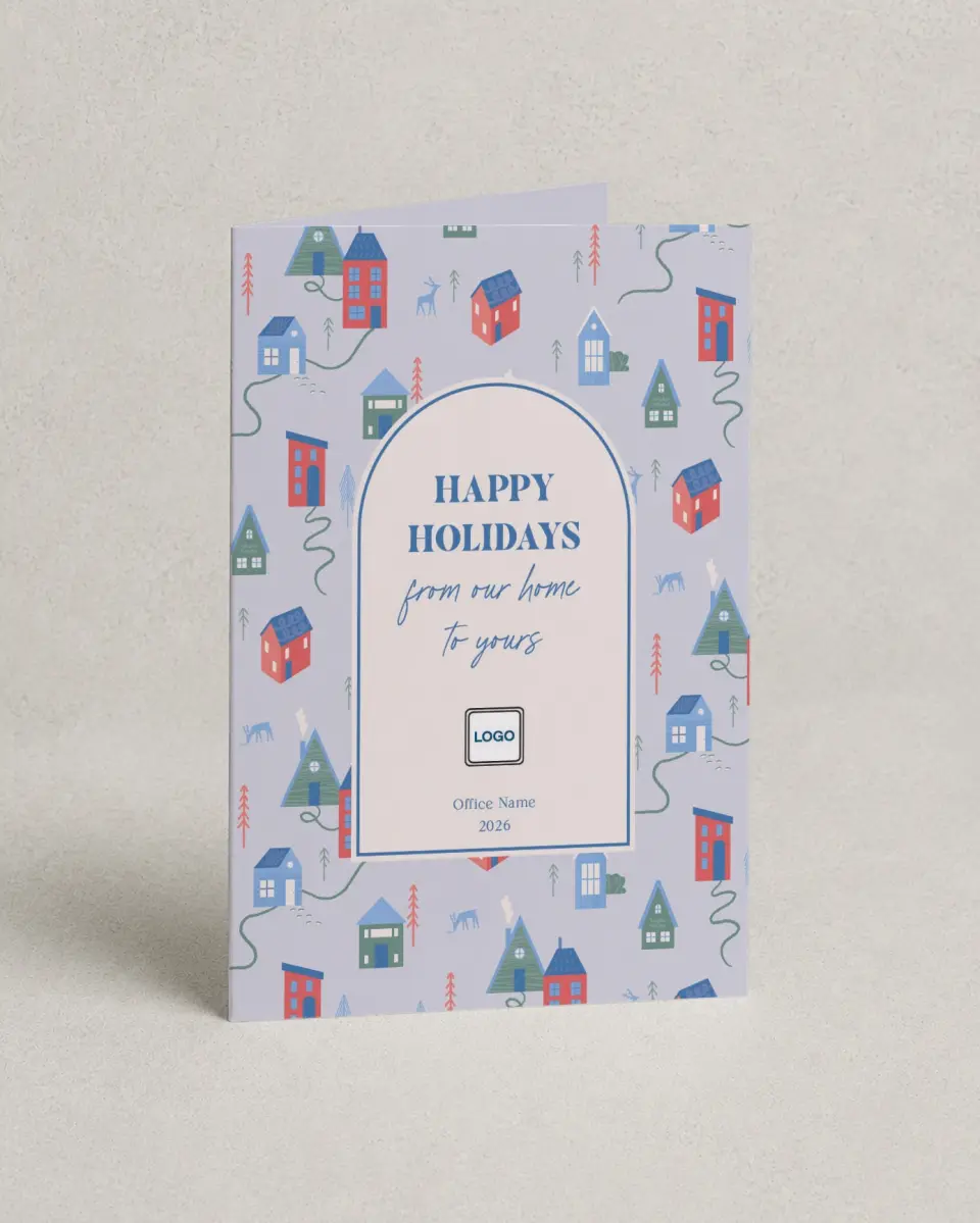 This is a 4.8" x 6.8" Folded Christmas Card called Cheerful Homes printed in full color with Rose Gold foil