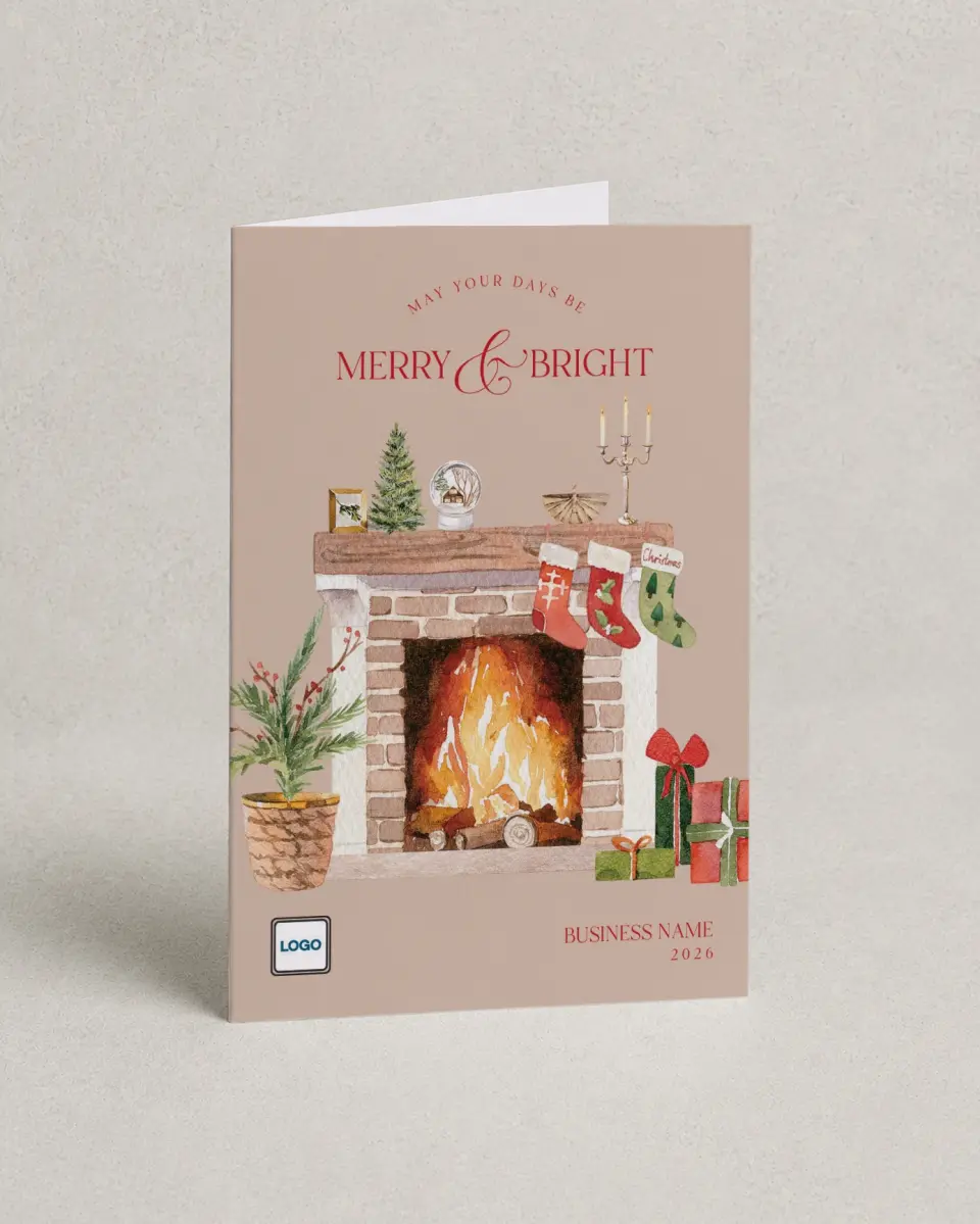This is a 4.8" x 6.8" Folded Christmas Card called Cozy Fireplace printed in full color with Gold foil