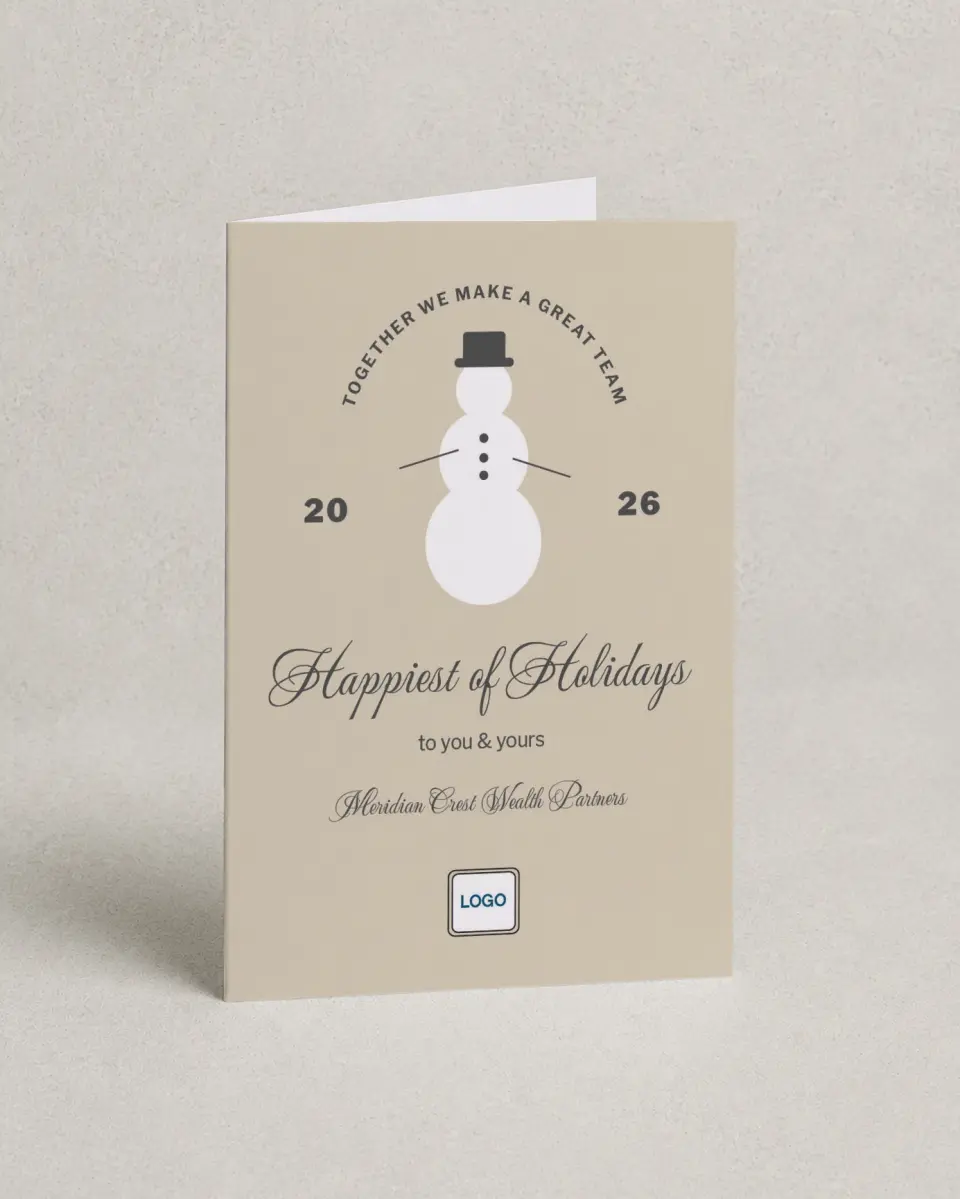 This is a 4.8" x 6.8" Folded Christmas Card called Snowman Salutations printed in full color with Silver foil
