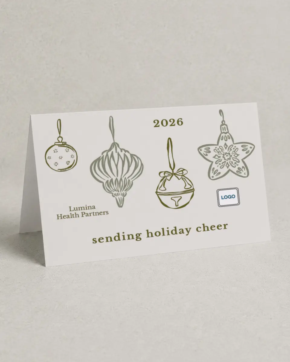 This is a 4.8" x 6.8" Folded Christmas Card called Ornamental Occasion printed in full color with Silver foil