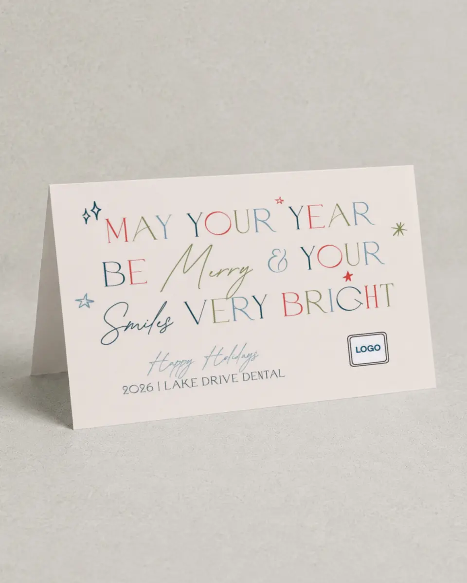 This is a 4.8" x 6.8" Folded Christmas Card called Bright Smiles printed in full color with Gold foil