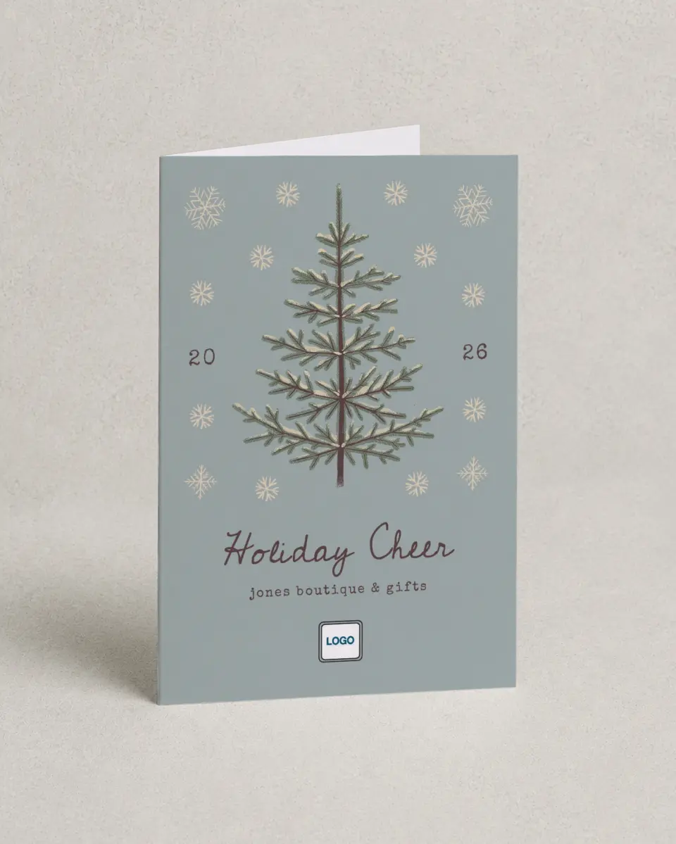 This is a 4.8" x 6.8" Folded Christmas Card called Sophisticated Snow printed in full color with Gold foil