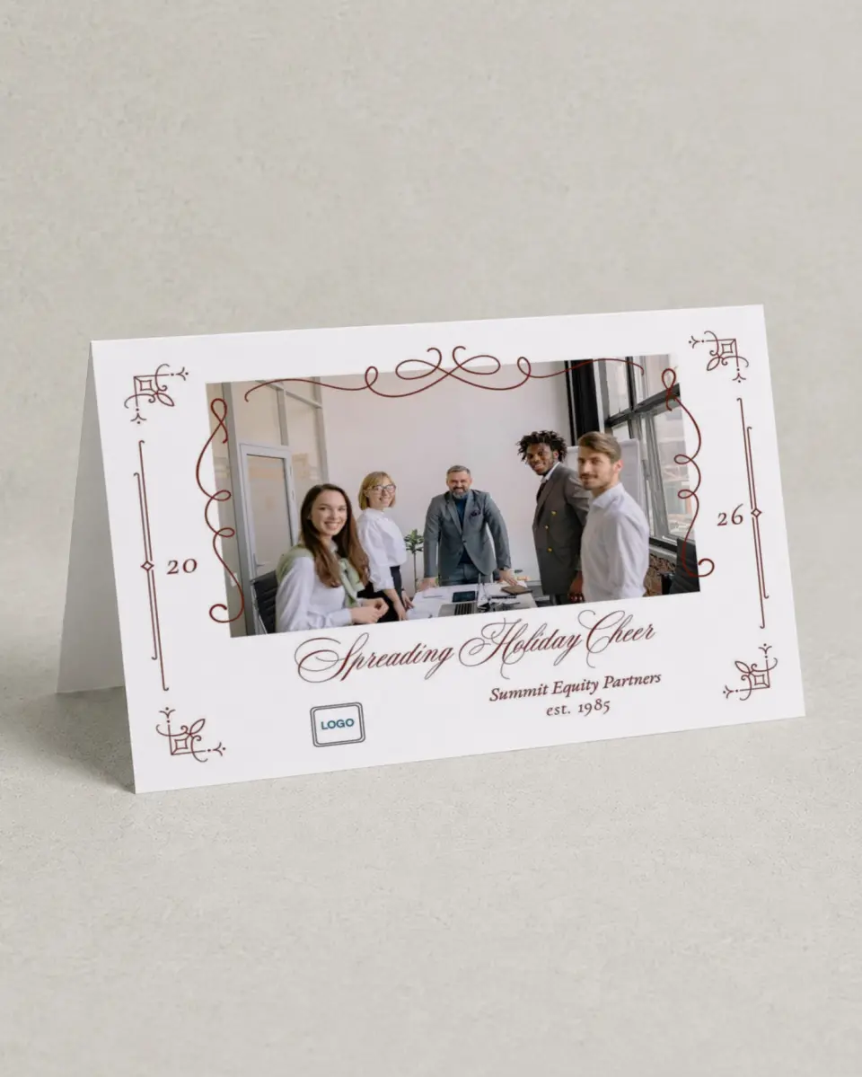 This is a 4.8" x 6.8" Folded Christmas Card called Detailed Deal printed in full color with Rose Gold foil